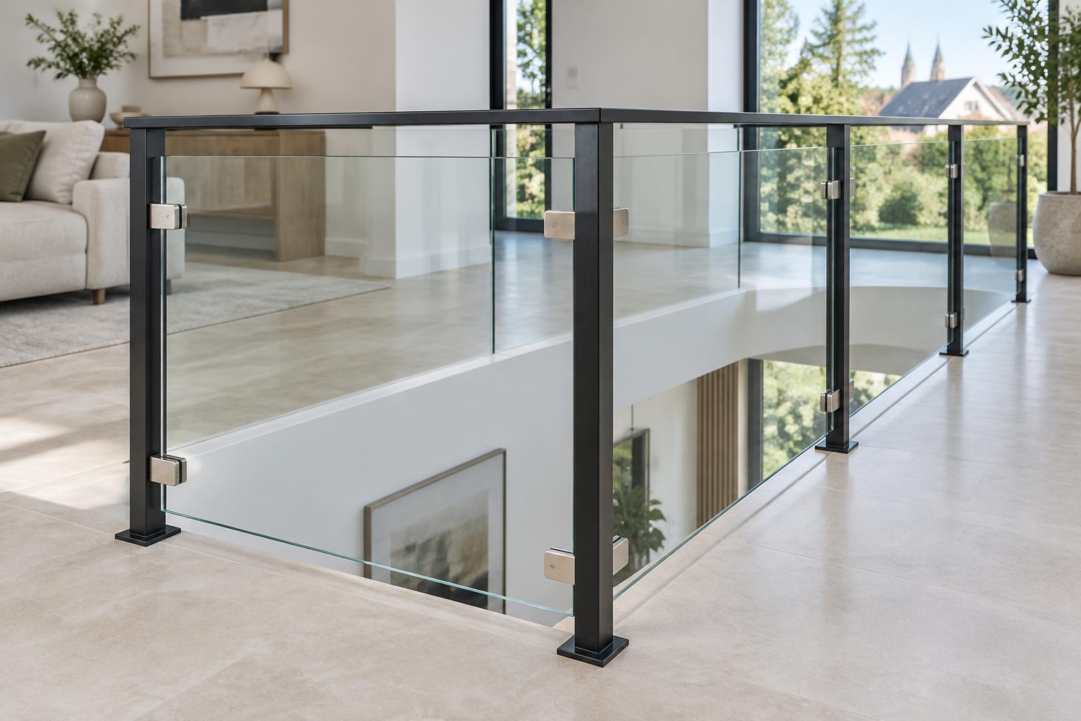 Ontwerpimpressie glazen balustrade binnen met glasklemmen