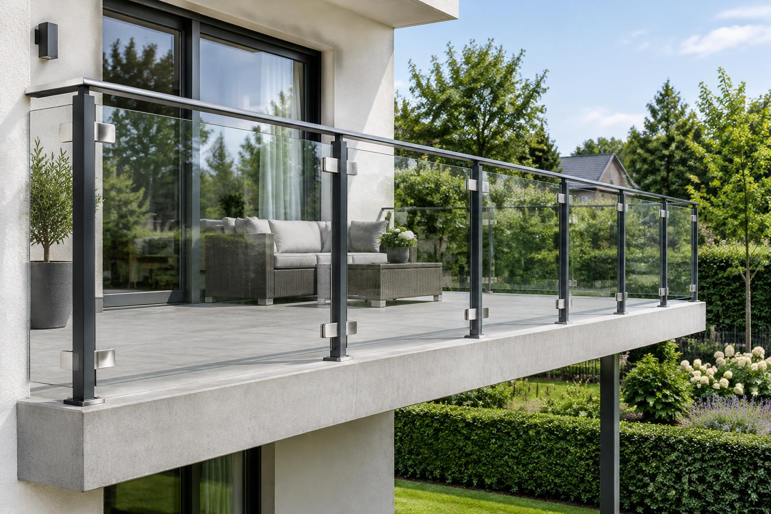 Ontwerpimpressie glazen balustrade buiten met glasklemmen